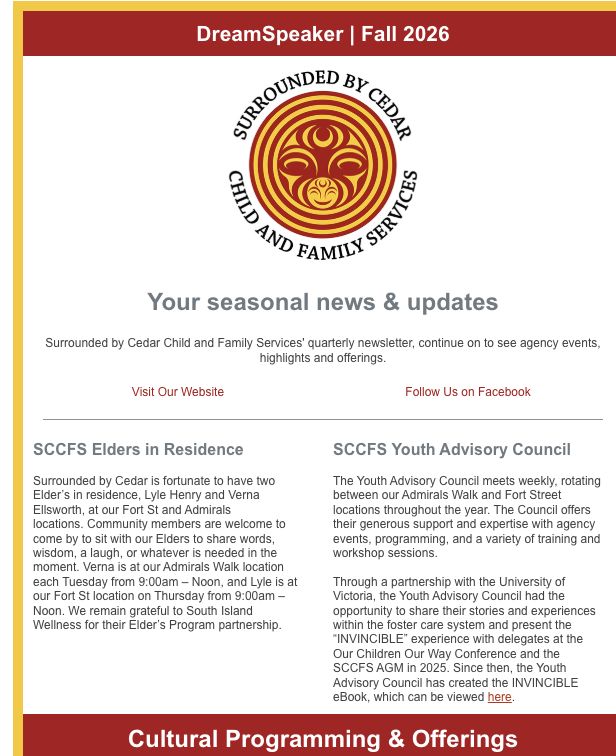 DreamSpeaker Fall 2026 newsletter preview from Surrounded by Cedar Child and Family Services